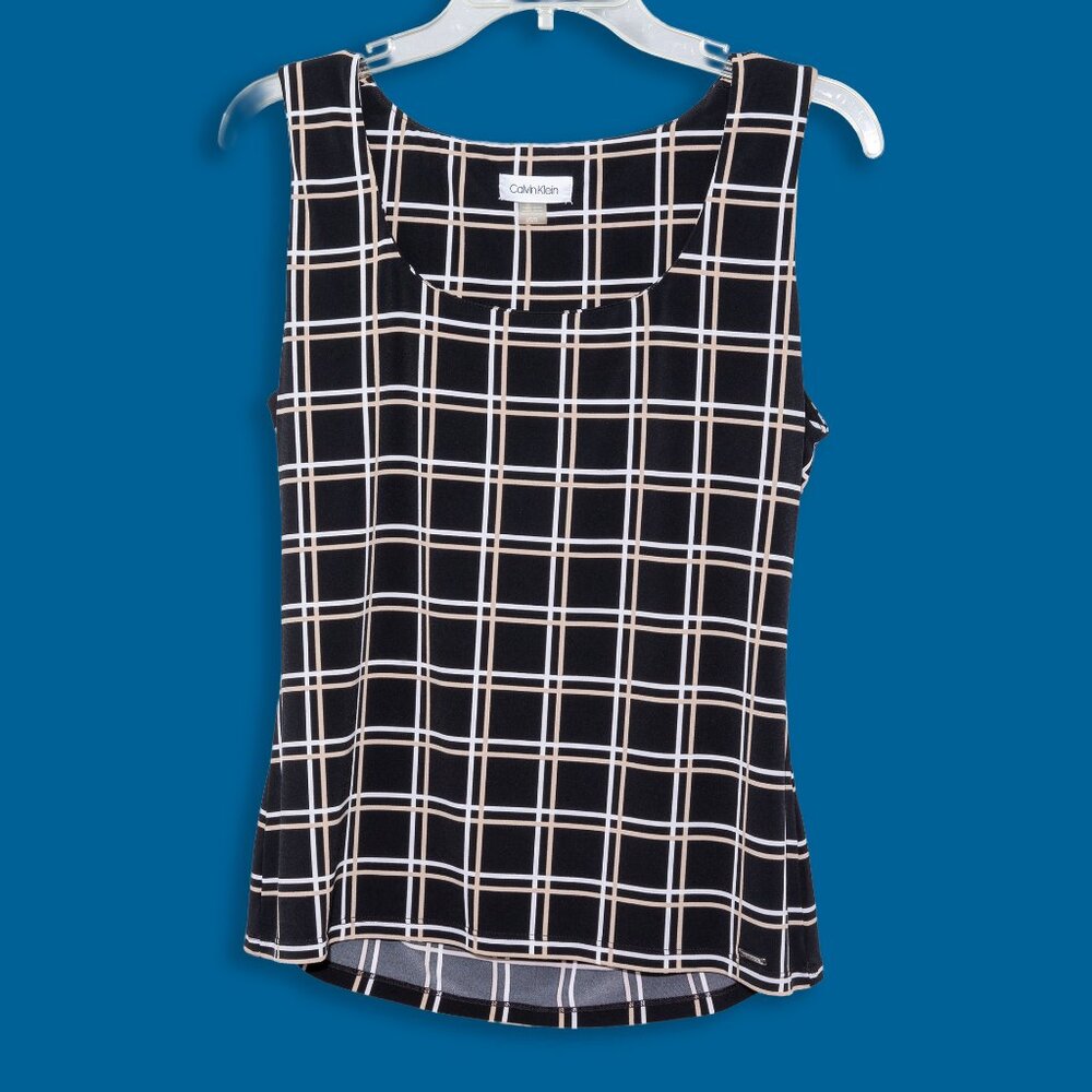 Calvin Klein Black, Taupe and White Print Sleeveless Blouse